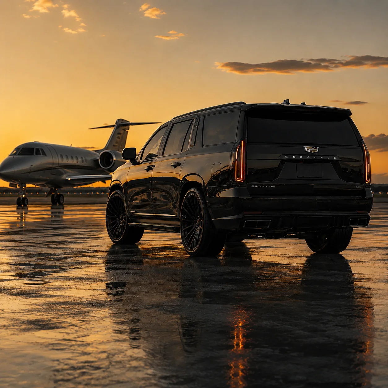 Black Cadillac Escalade with a private jet at sunset
